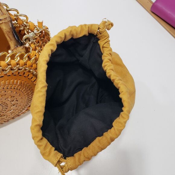 Beautiful Round Leather Satchel with Bamboo Handle and Chain for Crossbody - Picture 5 of 9